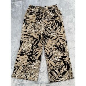 Royalty For Me Pants Womens Large Tan Tropical Leaf Wide Straight Leg Rayon